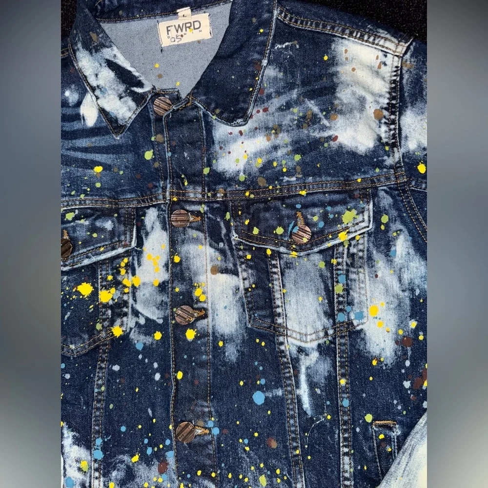 FWRD  Men’s Denim Set Bleached Splattered Paint Denim Jean Jacket W/ Pants